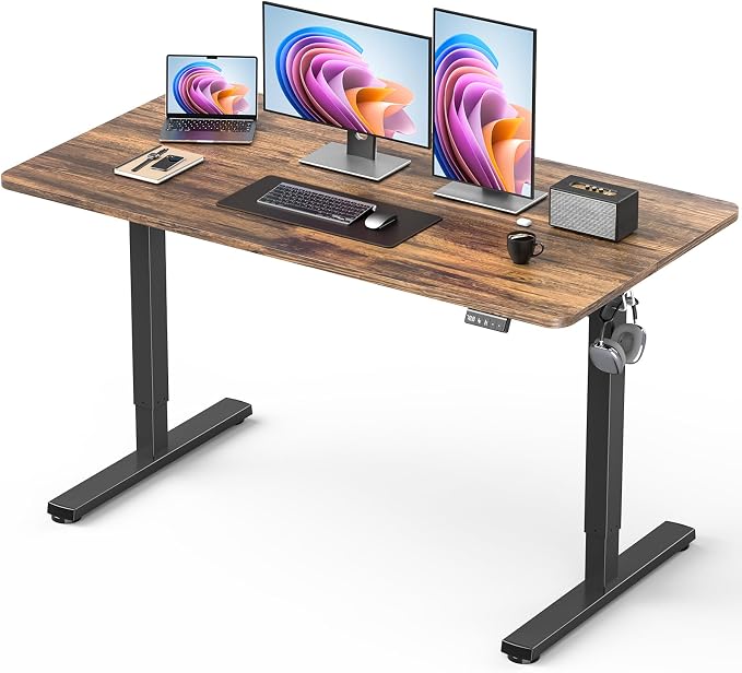 48" Electric Standing Desk Adjustable Height, Sit Stand up Desk for Home Office & Computer Workstation, 2 Memory Height Settings, Splice Board, 2 Hooks, Black Frame/Rustic Brown Top