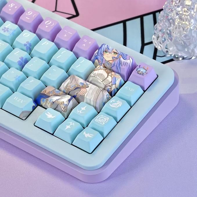 Japanese Anime Keycaps, Cherry Profile PBT Keycap 130 Keys, Blue and Purple Custom Key Cap Dye-Sub Manga Key Caps Set for 60% 65% 75% 100% Gateron Mechanical Keyboard