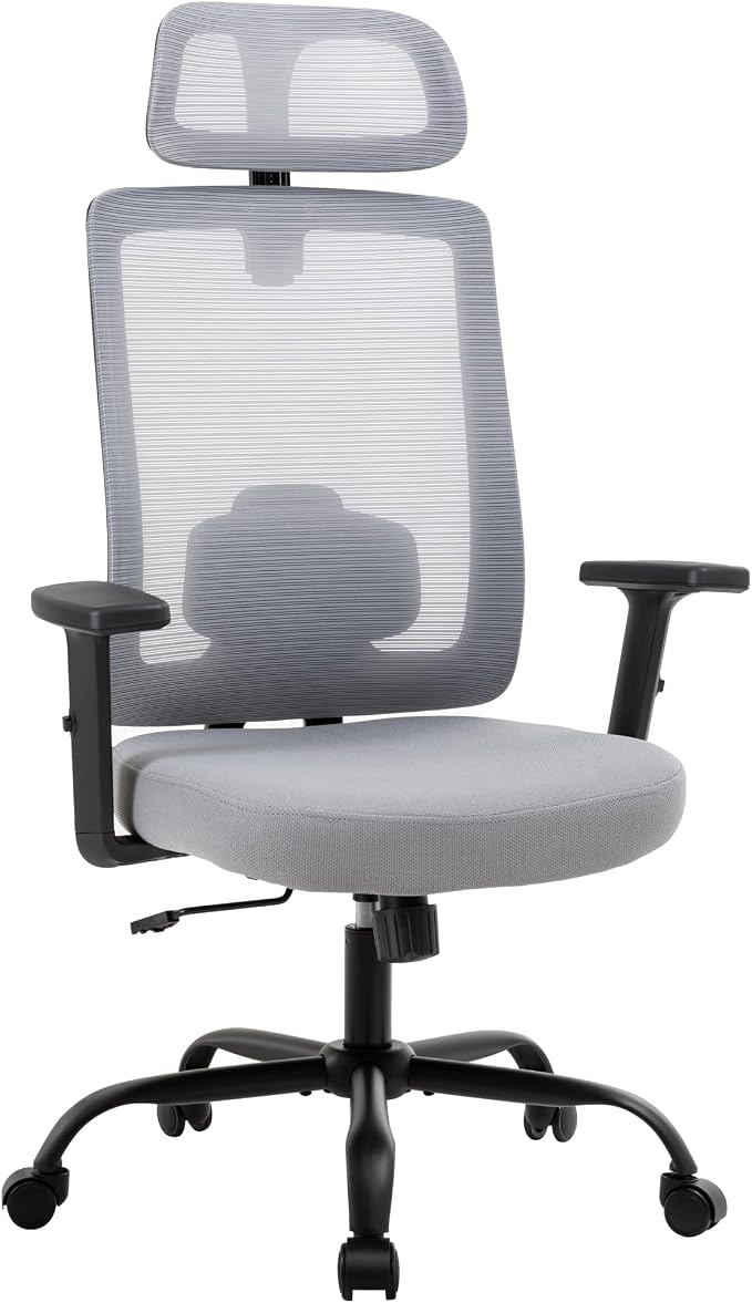 Office Chair with Mesh High Back, Ergonomic Office Desk Chair with Adjustable Lumbar Support, Rolling Work Chairs with Wheels and Headrest, Grey
