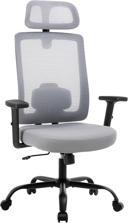 Office Chair with Mesh High Back, Ergonomic Office Desk Chair with Adjustable Lumbar Support, Rolling Work Chairs with Wheels and Headrest, Grey
