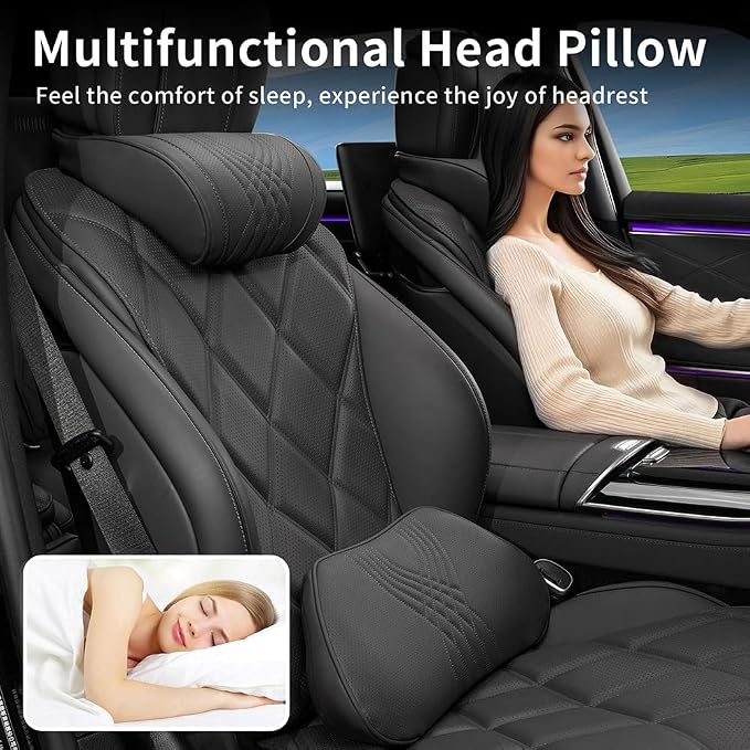Lumbar Support Pillow for Car Seat, Office Chair, Black, 1PC | Leather Lumbar Pillow Memory Foam Lower Back Cushion for Back Pain Relief Improve Posture, Ergonomic Back Rest Gaming Chair