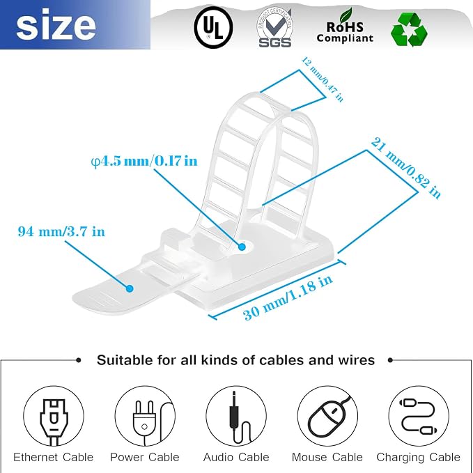 Adjustable Adhesive Cable Management Clips 50Pcs, Large self Adhesive Cable Ties Clips ，Suitable for Cable Management Under desks and on Walls (White)