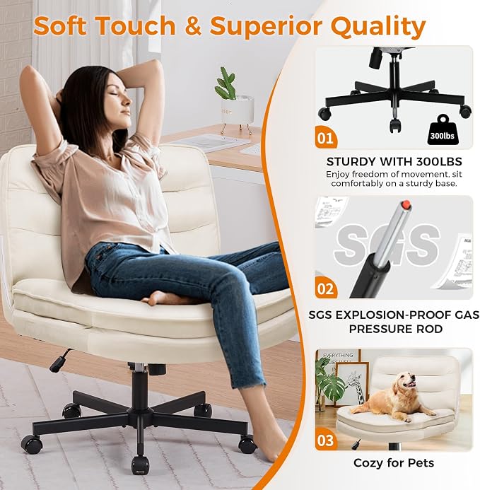 COMHOMA Criss Cross Chair with Wheels Armless Cross Legged Office Chair Wide Home Office Desk Chair Swivel Comfy Vanity Desk Chair Height Adjustable Mid Back Wide Seat Computer Task Chair