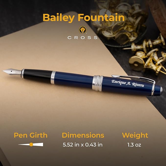 Cross Bailey Engraved Fountain Pen, Blue Lacquer with Chrome Trim, Medium Nib, Proprietary Cartridge, Personalized Gift for Graduation, Career Advancement, Writers, Gift Box Included
