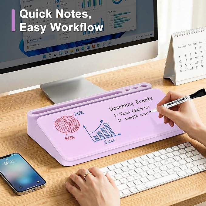 WALGLASS Small Desktop Whiteboard with Storage, Glass Desk Dry Erase White Board Computer Keyboard Stand with Drawer, Desk Organizers with Accessories for Office, Home, School Supplies Purple