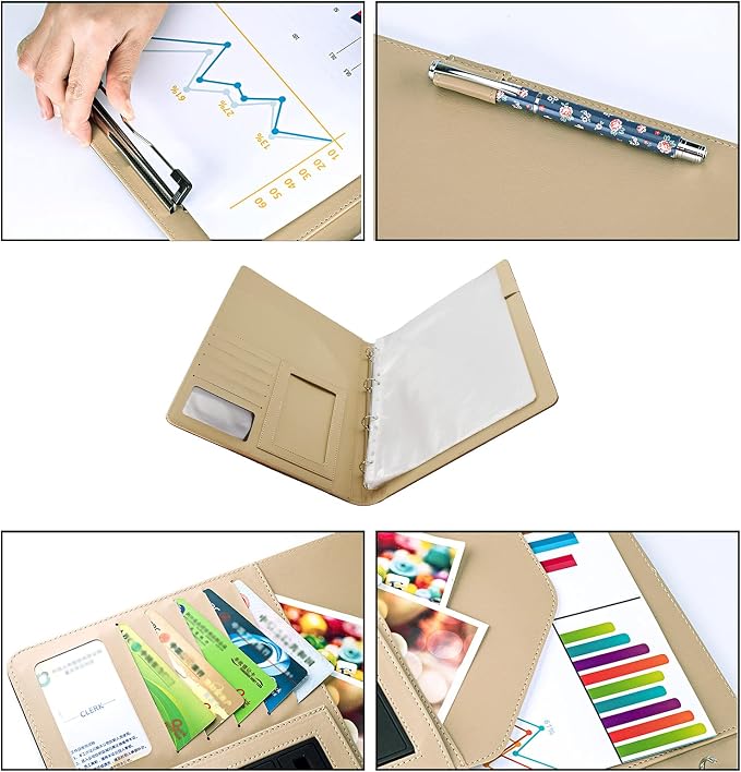 PU Leather Padfolio Ring Binder with Clipboard Resume Leather Portfolio with 20 Clear Plastic Sleeves Brown