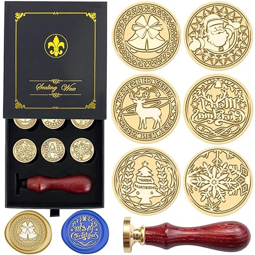 Christmas Wax Seal Stamp Hot Stamping Gift Box Set, 6 Pcs Sealing Wax Stamps Copper Seals 1 Wooden Hilt, Wax Stamp Kit for Cards Envelopes, Gift Packaging (Christmas Series)