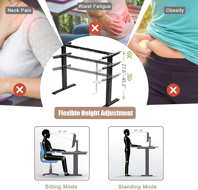 Tangkula Hand Crank Stand Up Desk Frame, Manual Height Adjustable Standing Workstation with Foldable Crank Handle, Cable Management Tray, Headphone Hook, Ergonomic Sit Stand Desk Frame for Home Office