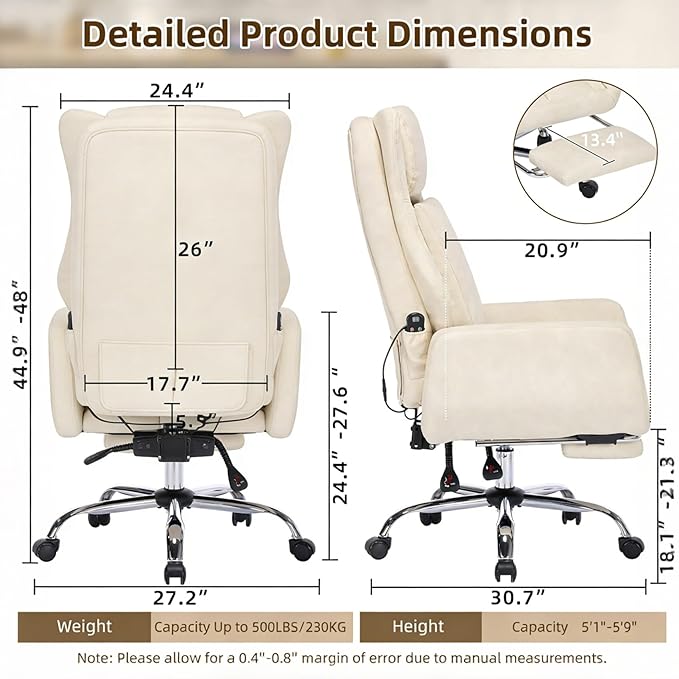 DYHOME Black Leather Office Chair with Massage and Footrest, Heavy Duty Task Desk Chairs Swivel Ergonomic Computer Gaming Chairs with Lumbar Support, Wheels Flip-up Arms Adjustable Height
