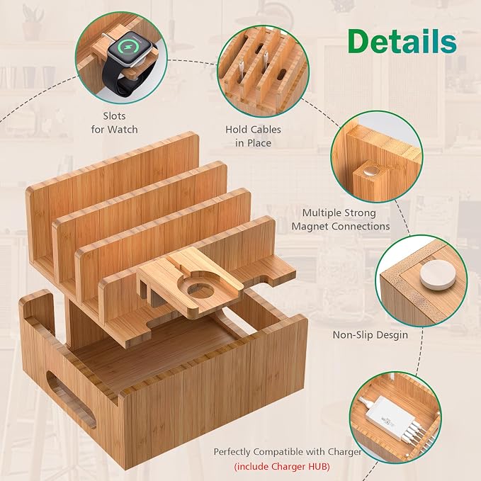 Pezin & Hulin Bamboo Charging Station with USB Charger,5Cables-Natural | Desk Docking Station Smart Watch&Earbuds Stand for Multiple Devices Electronic Organizer for Cell Phone, Tablet