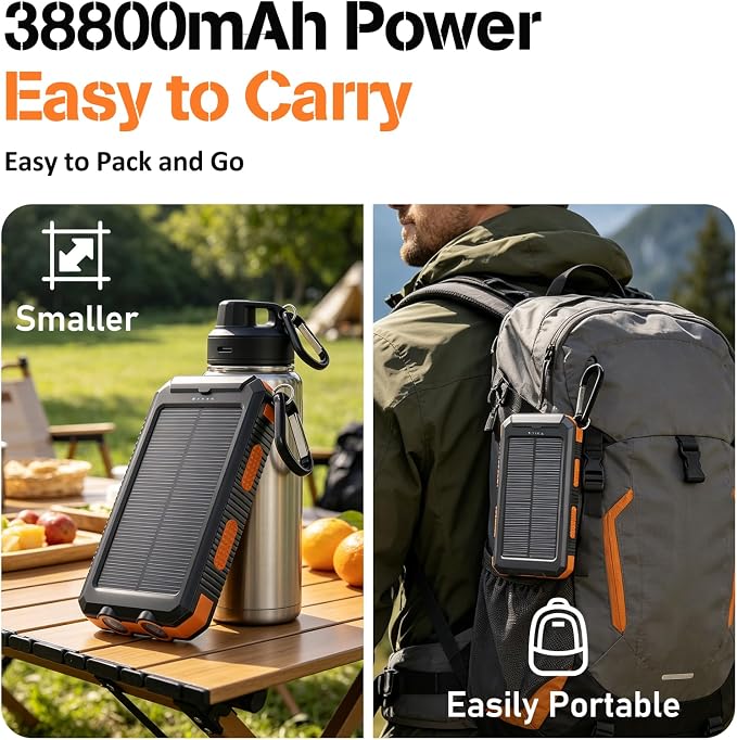 Solar Power Bank 38800mAh Portable Charger for Phone with USB-C, Outdoor Waterproof Battery Pack, 3 Outputs, Emergency LED Flashlight, Reliable Backup Power for Camping Hiking Travel and Power Outages