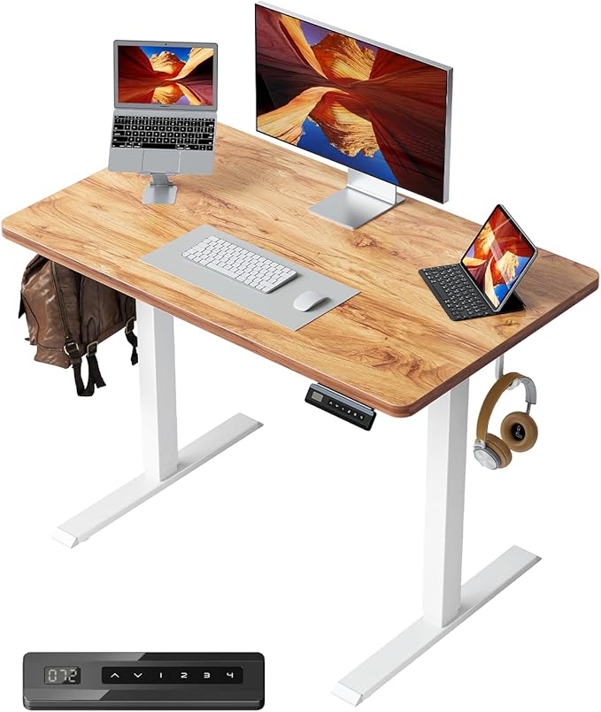 CubiCubi 32 x 20 Small One-Piece Standing Desk, Adjustable Height Electric Computer Home Office Sit Stand up Workstation, with 4 Memory Presets, Headphone Hook, Light Vintage