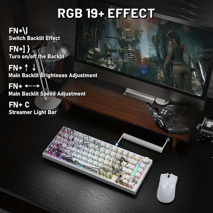 ATTACK SHARK X820Ultra Wireless Mechanical Gaming Keyboard with Screen Hot Swappable 2.4GHz/BT/Wired CNC Knob RGB Backlit Gasket Mount Side Print PBT Keycap QMK Web Driver Gift Switch-White bamboo