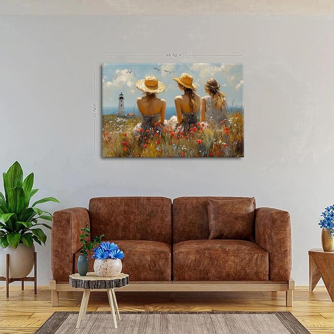 Abstract Poppy Floral Canvas Wall Art Coastal Autumn Landscape Painting Artwork Bedroom Bathroom Ocean Lighthouse Canvas Prints Girl Picture Retro Wall Decor for Gallery Living Room Decorations 32x48"