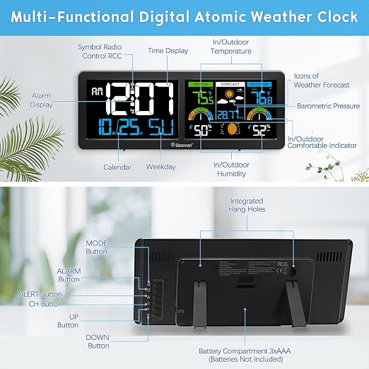 Geevon Weather Stations Wireless Indoor Outdoor Thermometer with Atomic Clock, HD Color Display Digital Temperature Humidity Gauge with Brometer, Comfort Indicator, and Adjustable Backlight (Black)