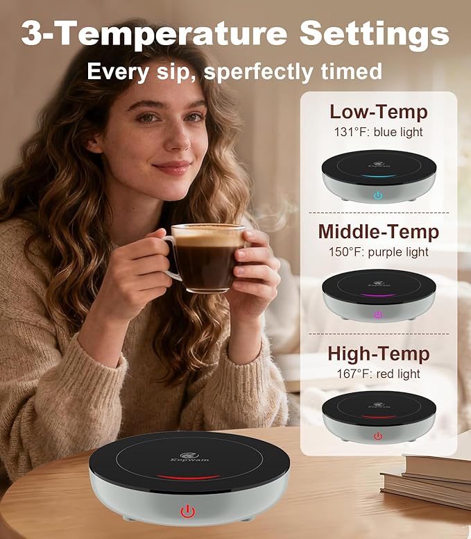 Kepwam Coffee Mug Warmer for Desk, 3-Temp Fast Heating Cup Warmer with 6H Auto Shut Off, LED Light & Smart Candle Warmer for All Beverages, Ideal Gifts for Women Men