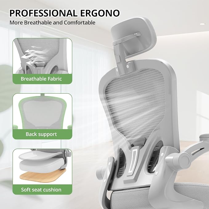 Synorla Office Chair Ergonomic Desk Chair, 330LBS Capacity, High Back Computer Design for Long Hours Comfort, Rolling Swivel Executive Task for Home Office with Flip-up Armrests（Grey）