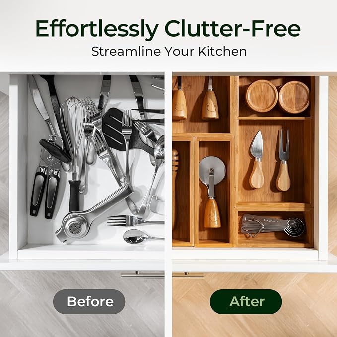 keechee 10-Piece Bamboo Drawer Organizer Set, 2.2" Deep Multi-Use Organizers for Utensils, Silverware, Cutlery, Desk, Bathroom, Junk Drawer & Makeup, Non-Slip Feet Included.