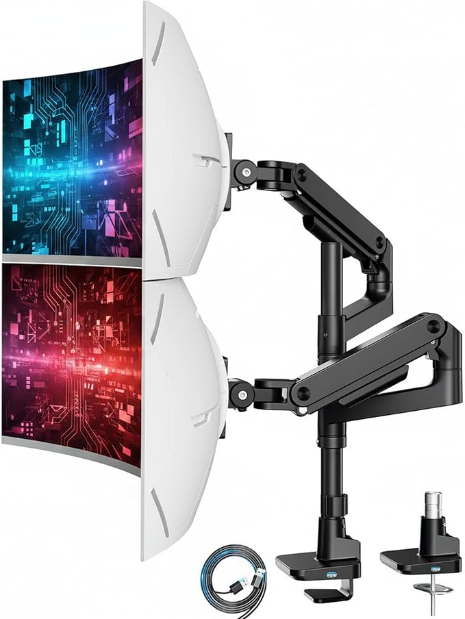 ARES WING Tall Dual Ultrawide Monitor Mount with USB A/C for 17 to 49 Inch | Pro Gas Spring, Aluminum Material, Flexible Screen Layouts, for 75/100 Vesa Mount, Hold 44 Lbs Each Arm, for Samsung Monitor