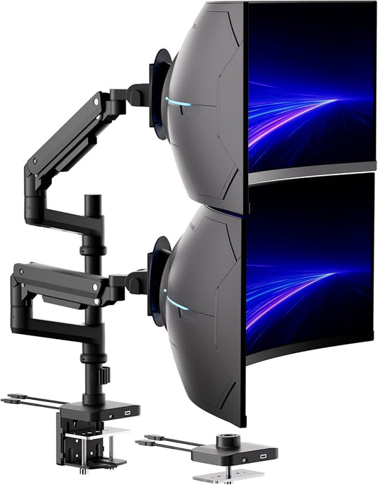 Mount-It! Proflex Series Stacking Dual Ultrawide Monitor Arm for 17–49” Screens, Height-Adjustable Pole, Heavy Duty Gas Spring, USB-C & USB 3.0, Full Motion, VESA 75/100, Clamp or Grommet | Height-adjustable pole with heavy-duty gas spring arms fits 17...