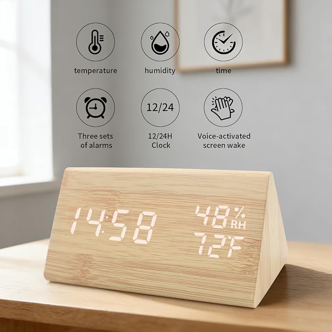 Wooden Digital Alarm Clocks for Bedrooms - Electric Desk Clock with Large Numbers, DC Port, Loud Alarm for Heavy Sleepers, Adjustable Volume, Dimmer, Wood Décor, Adapter Powered