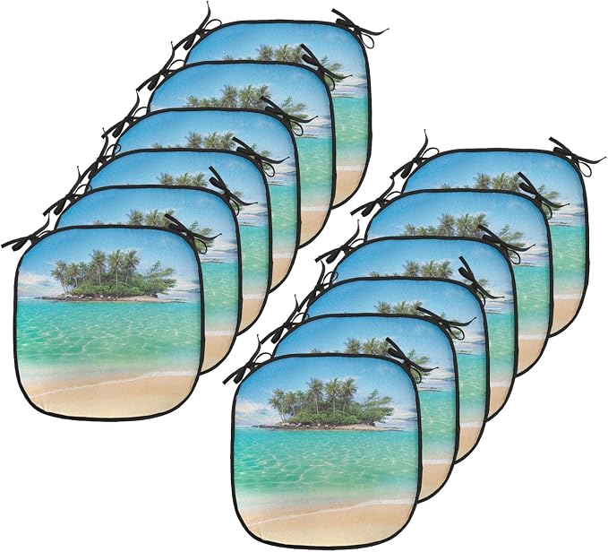 Lunarable Island Chair Cushion Pads Set 12, Tropical Island Sandy Seaside Clear Water Honeymoon Destination Waterscape, Anti-Slip Seat Padding for Kitchen & Patio, 16"x16", Cream Blue Green