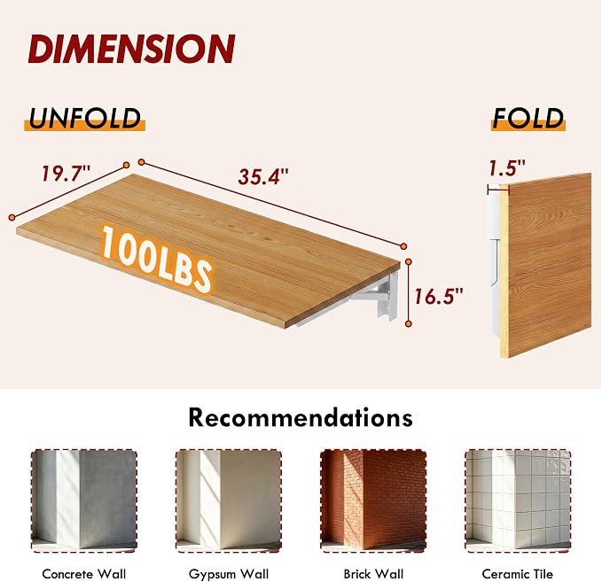 Need Wall Mounted Desk - Heavy Duty Folding Work Table Length 36" Width 20"/Small Space Hanging Desk Perfect Addition to Home/Office/Kitchen & Dining Room Teak&White AC15-9050TW-ND