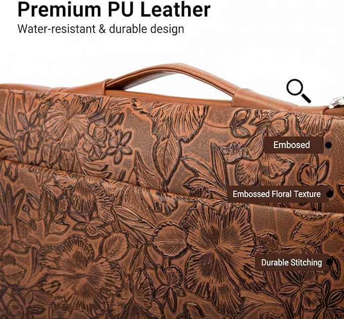 Kinmac Embossed PU Leather 360° Heavy Duty Protective Laptop Sleeve with Poacket (Coffee Flower, 12.5 inch-13.6 inch)