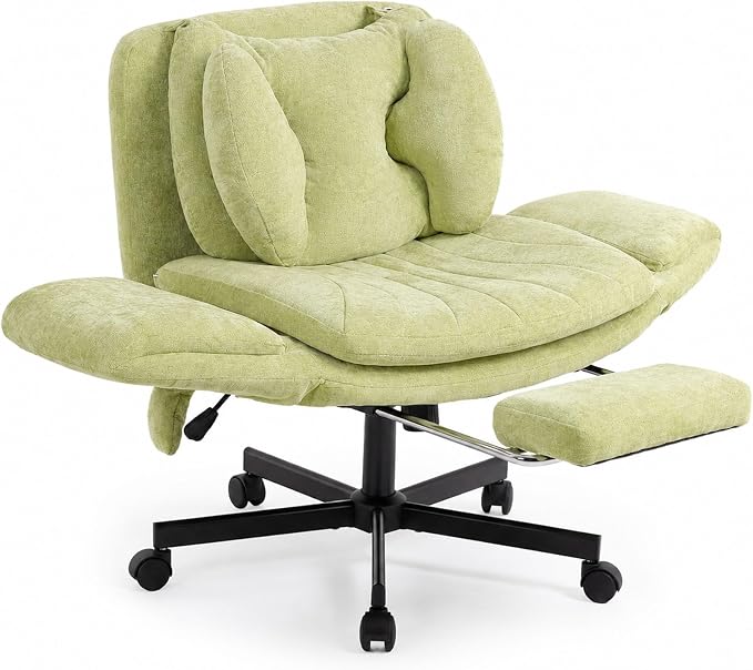 Criss Cross Office Chair with Footrest and 5-Gear Adjustable Arms, Green | Wide seat cross-legged desk chair, flip lumbar pillow, airbag support, linen fabric, for home office, vanity and meditation