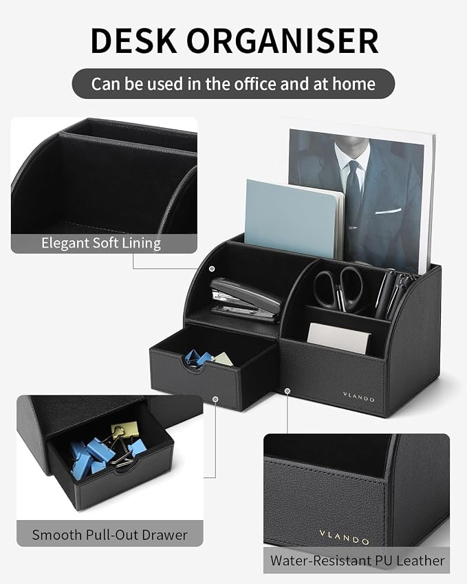 VLANDO Desk Organizer, 6-Compartment Faux Leather Desk Storage with Drawer | Remote Control Holder for Office Desk Accessories,Pens, Notes,Stationery,Business Cards,Gift Ideas,Black
