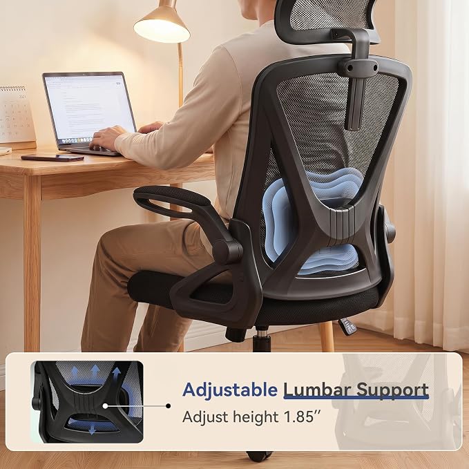 Mesh Office Chair with Adjustable Lumbar Support, Ergonomic High Back Desk Chair with Headrest, Swivel Rolling Computer Chair for Home Office (Black)