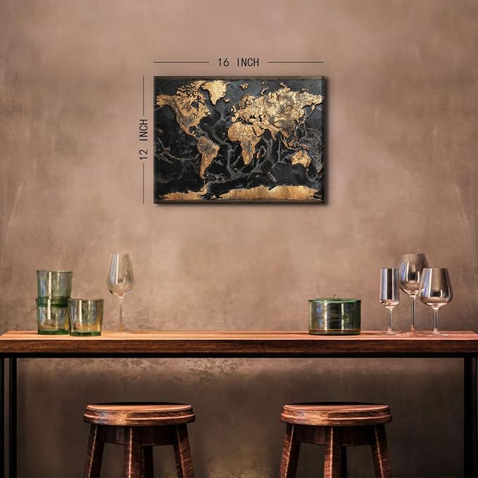 World Map Wall Art for Office Black and Gold Wall Decor Vintage Map of The World Picture Abstract Global Maps Canvas Prints Retro Nautical Artwork for Living Room Men Bedroom Home Decoration 12x16"