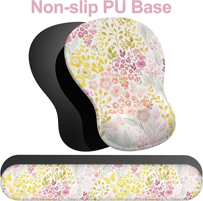 Ergonomic Mouse Pad with Wrist Rest and Keyboard Wrist Rest, Gel Mousepad and Wrist Rest for Computer Keyboard, Pain Relief, Non-Slip PU Base, Mouse Pad Wrist Support for Gaming, Pink Yellow Flowers