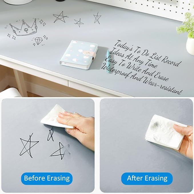 Dry Erase Desk Mat for Making Plans,27.5"x13.8" Writable & Erasable Desk Mouse Pad with 2 Markers & 2 Cloths,Waterproof Writing Desk Pad for Office Home School (Pale Gray)