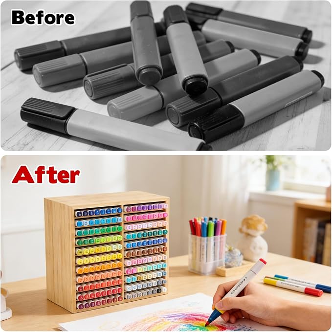 11-Tier Bamboo Marker Organizer with 22 Compartments - Holds 176 Art Markers, No Assembly Horizontal Storage Marker Rack, Bamboo Pen Holder for Desk, Classroom & Office Stationery