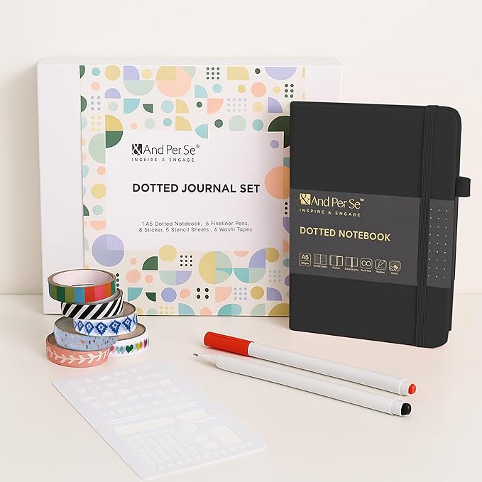 &And Per Se A5 Hardcover Dotted Notebook with 25+ Accessories - 6 Pens, Stickers, Stencils, Washi Tapes & Gift Box Included | Dotted Journal Kit for Beginners, Adults, Premium Gift Set (Black)