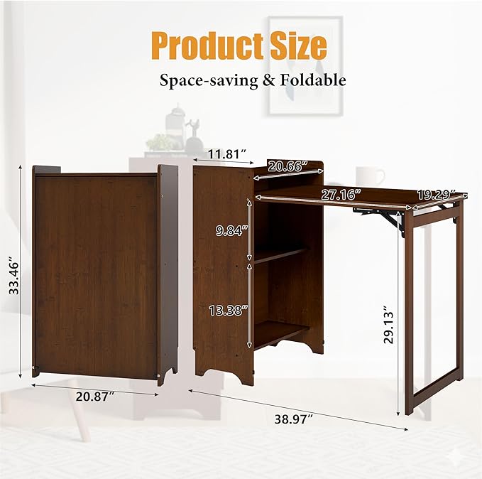 tonchean Bamboo Folding Desk with Storage Shelves, Foldable Computer Desk for Small Spaces Mid Century Fold Out Table Hidden Desk Space Saving Writing Table for Home Office Bedroom Dorm, Brown