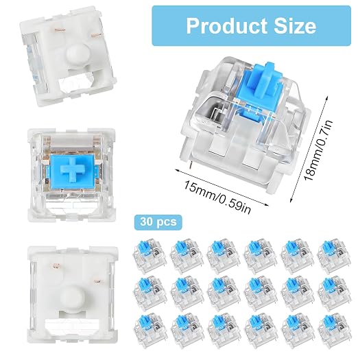 30Pcs Blue Switch Replacement, 3 PIN Mechanical Keyboard Switches, Clicky with Strong Tactile Feedback, Accurate Typing, Dustproof, Office and Gaming LED Keyboard Universal Replacement Parts