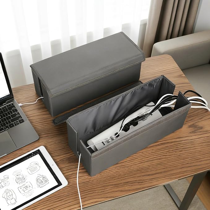 2 Pack Cable Management Box, Fabric Cord Hider Box with Lid,Cord Storage Box for Power Strip,TV Wires, Computer, Router, USB Hub,Under Desk Cord Organizer, Desk Cable Storage