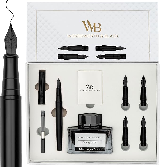 Wordsworth & Black Fountain Pen Gift Set, Includes Ink Bottle, 6 Ink Cartridges, A Refill Converter, 4 Replacement Nibs, Journaling, Calligraphy, Smooth Writing Pens [All Black]