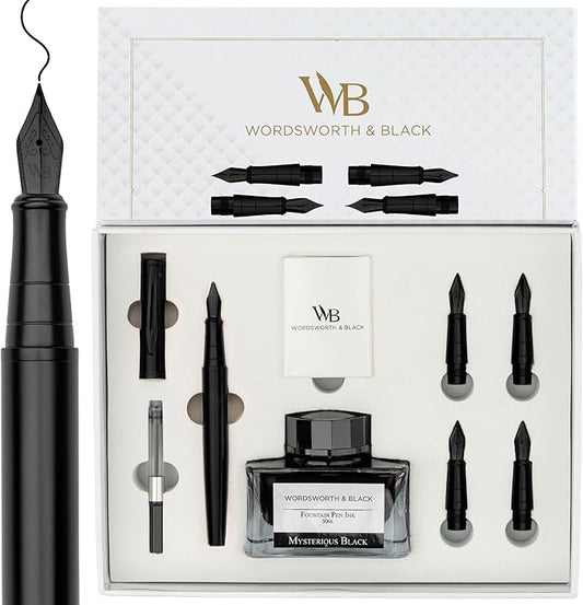 Wordsworth & Black Fountain Pen Gift Set, Includes Ink Bottle, 6 Ink Cartridges, A Refill Converter, 4 Replacement Nibs, Journaling, Calligraphy, Smooth Writing Pens [All Black]