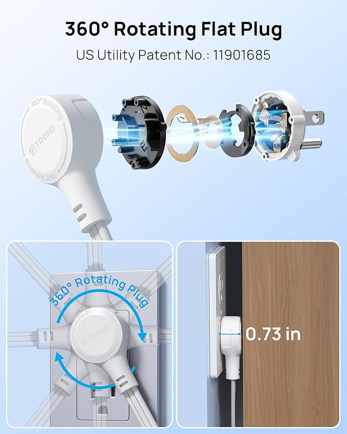 TROND 360° Rotating Flat Plug Power Strip, 10FT Extension Cord with 4 USB Ports, 4 Wide Spaced AC Outlets, Wall Mount, Surge Protector Power Strip for Office Travel Dorm Room Essentials, White