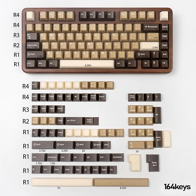 Retro PBT Keycaps Set 164Keys Cherry Profile Brown Keycaps 60% 65% 75% 100% Dye Sublimation Costom Key caps for Cherry Gateron MX Switches Mechanical Keyboards