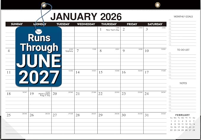 Desk Calendar 2026-2027 - 18-Month Large Desk/Wall Calendar, Through June 2027, 17" x 12", Thick Paper, Large Ruled Blocks, Clear Plastic Cover – Perfect for Home School & Office Organization
