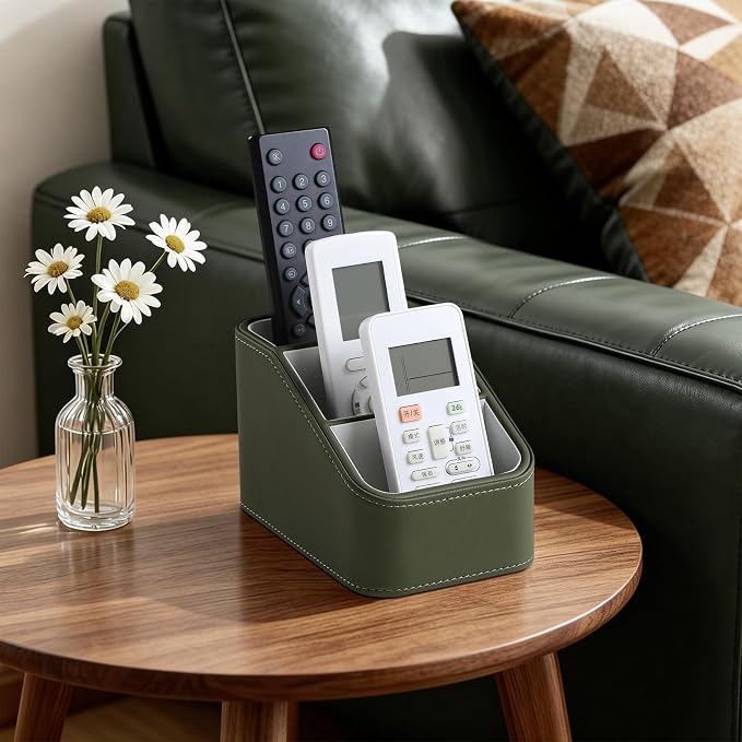 PU Leather Remote Control Holder, Small Desk Organizer Office Supply Bedside Caddy for Nightstand End Table Couch, Pen Remote Organizer with 3 Compartments (Green)