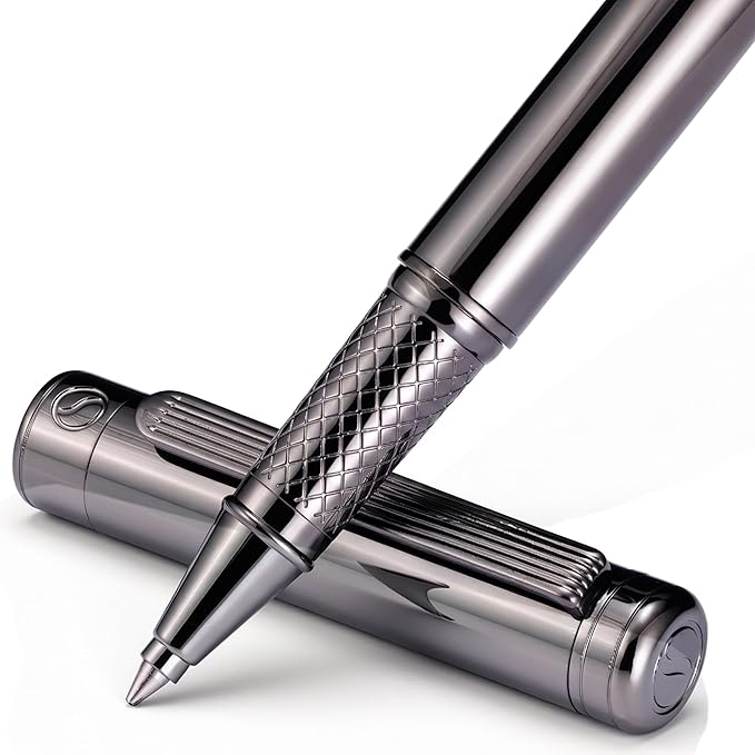 Scriveiner Gun-Metal Rollerball Pen - Stunning Luxury Pen, Schmidt Ink Refill, Best Roller Ball Gift Set for Men & Women, Professional, Executive Office, Nice Pens