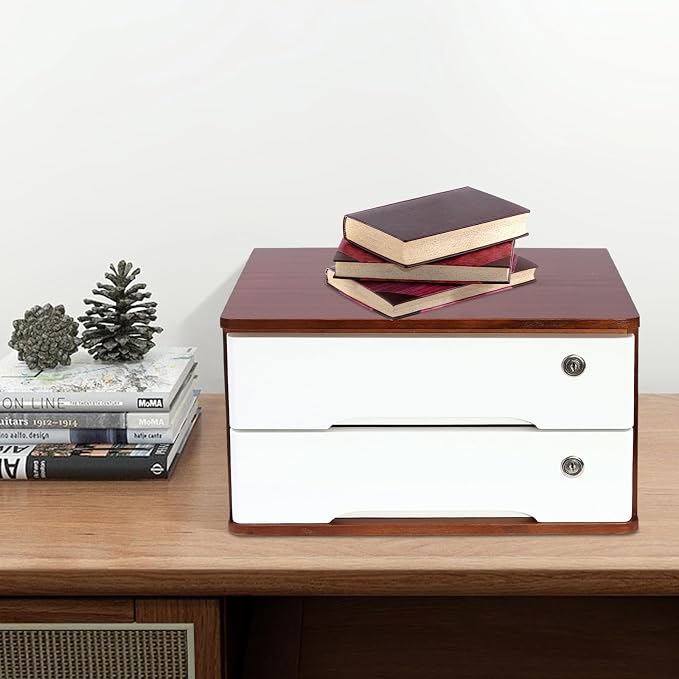 2-Tier Desktop Storage Box with Lockable Drawer, Wooden Desk Organizer for Office Supplies, Flat File Cabinet, Minimalist Design for Home & Office Use(Walnut+White)