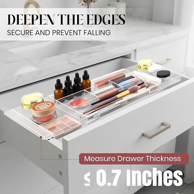 4pack Shallow Expandable Drawer Organizer, Adjustable 12.5”–20” Clear Plastic Drawer Organizer Tray for Vanity Bathroom Desk Kitchen Drawers, Multi Compartment Storage