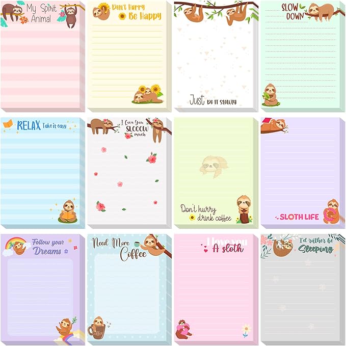 12 Pieces Sloth Sticky Notes 3x4 Inch Cute Cartoon Sloth Gifts Memo Notes for Animal Lovers Women Animal to Do List for Office Friends Lazy Day Holidays Gifts