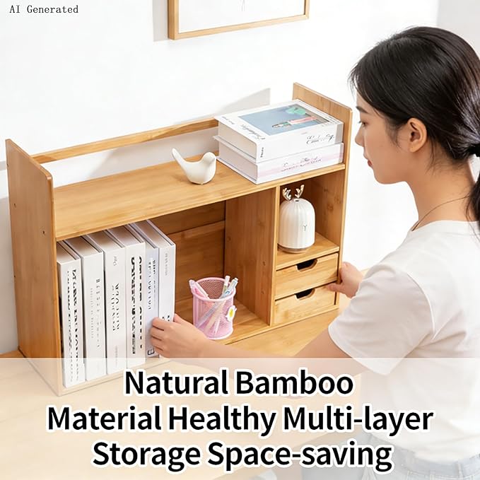 Bamboo Desktop Bookshelf 2-Tier Desk Organizer with Drawers | 22.8"x7.5"x18.1" size with rounded corners, fit office dorm bedroom; holds books & stationery, easy to assemble
